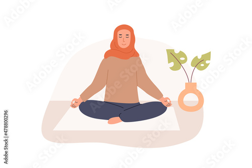 Modern young muslim female with crossed legs and closed eyes meditating indoors and performing yoga breathing exercise. Women practicing Pranayama and meditation. Flat vector illustration.