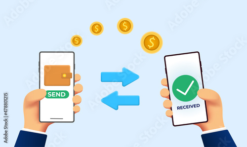 Cartoon hand with phone. People sending and receiving money wirelessly. Online payment concept. Smart wallet vector background. Illustration of transfer payment, banking wallet online