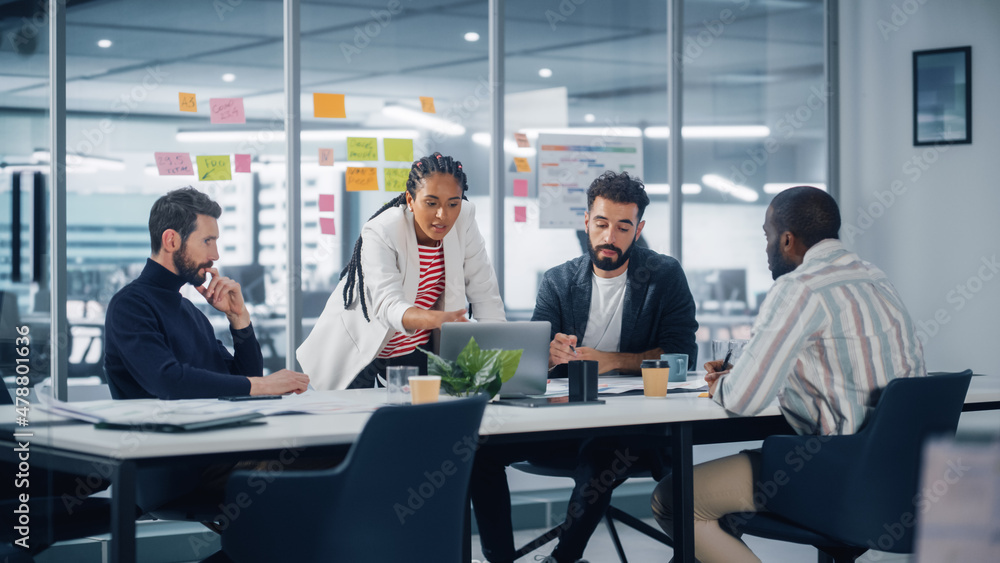 Diverse Modern Office: Successful Motivated Black Businesswoman Leads Meeting, talks of Company Growth. Digital Entrepreneurs Work on e-Commerce Project. Multi-Ethnic People Brainstorming.