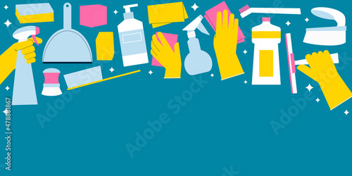 Cleaning supplies banner. Hands in gloves, brush and detergent bottles. Flat illustration of housekeeping products for professional cleanup.