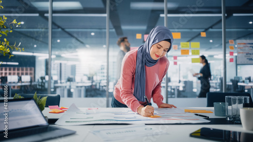 Canvas Print Modern Office: Portrait of Muslim Businesswoman Wearing Hijab Works on Engineering Project, Does Document and Blueprints Analysis