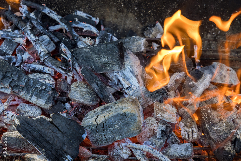 Open fire flame a grill ready for cooking food Open fire flame a grill ready for cooking food