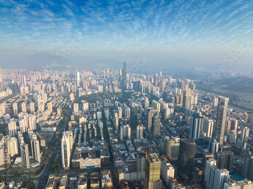 Aerial view of Skyline in Shenzhen city CBD sunset in China