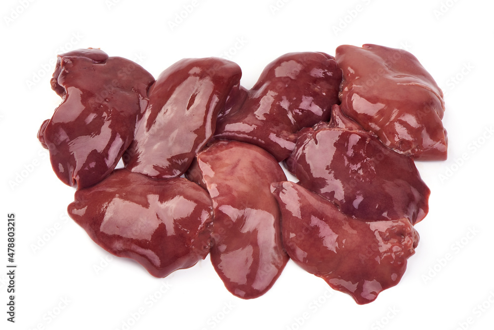 Fresh chicken livers, raw offal, ingredients for cooking, close-up, isolated on white background. Fresh chicken livers, raw offal, ingredients for cooking, close-up, isolated on white background.