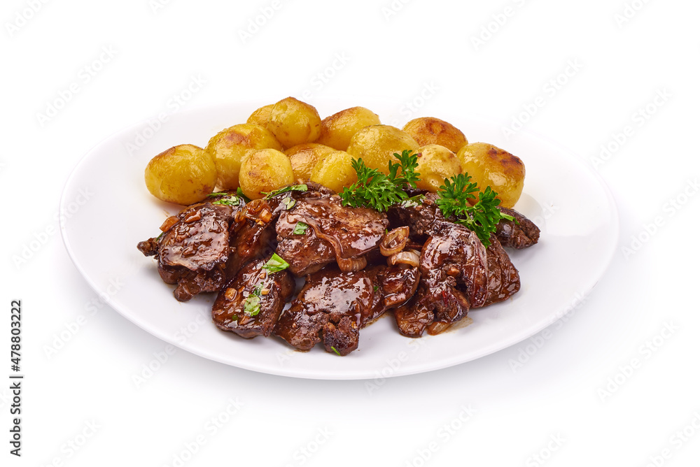 Fried Chicken Livers with baked potatoes, Traditional French cuisine, close-up, isolated on white background. Fried Chicken Livers with baked potatoes, Traditional French cuisine, close-up, isolated on white background.