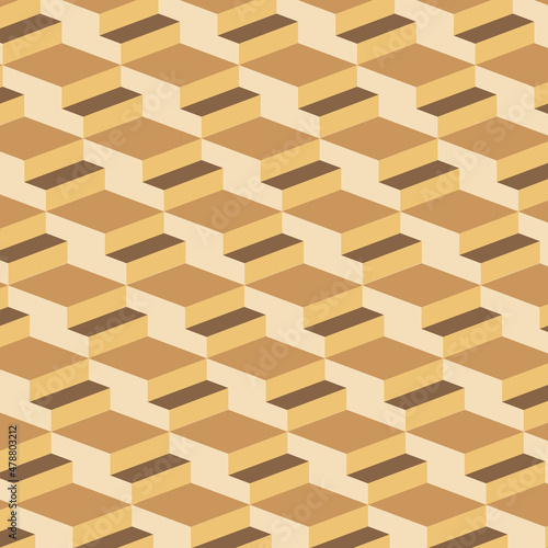 Vintage Cube Brown Background Seamless Pattern. Mid Century Modern Style.