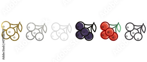 Kalina. Icon. A collection of crimson in different styles. Contour pattern. Available in gold, silver, white, gray, black. Linear graphics. Doodles. Emblem, badge, silhouette. Vector