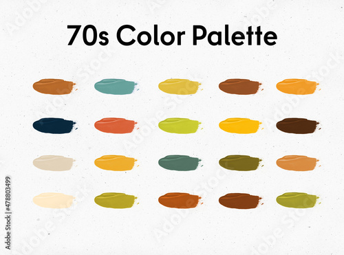 Retro1970s - inspired vintage color palettes, collection of 20 swatches. 70s vibes - trendy color,  decade of freedom and eclecticism.