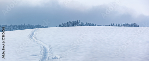 Fußspur über einen verschneiten Hügel