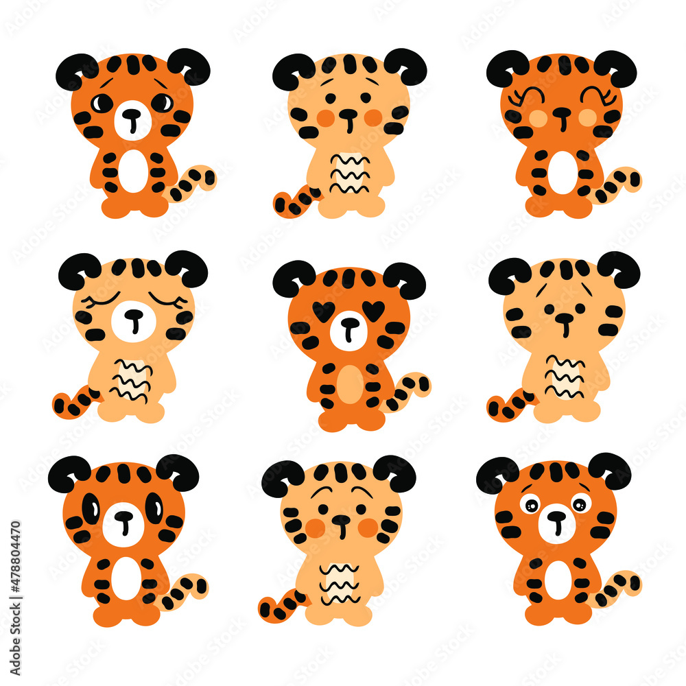 Obraz premium Hand drawn tiger cubs collection. Set of nine cute tigris baby. Perfect for poster, greeting card, stickers and prints. Cartoon style vector illustration for decor and design. 