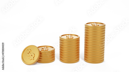 Realistic Coins Pile, Golden Coin Dollar Stack, 3D, Gold coins stacks isolated on white background. Saving, Coin stack growing business, Investment money concept photo