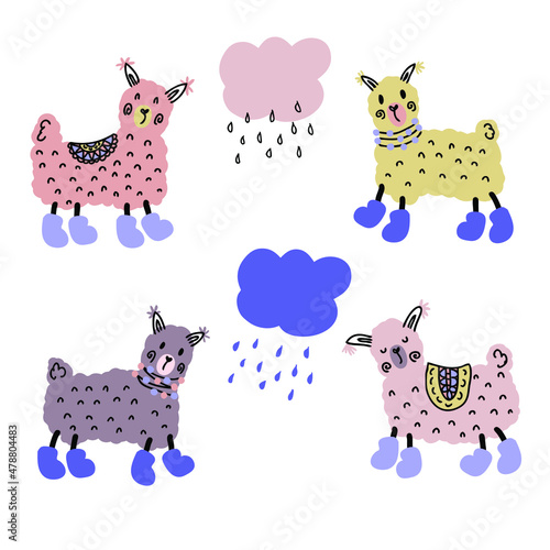Rainy lamas in boots doodle collection. Perfect for poster, stickers and print. Hand drawn vector illustration for decor and design. 
