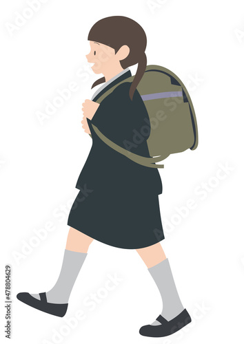 イラスト素材：ランドセルを背負って笑顔で元気よく歩いている女の子