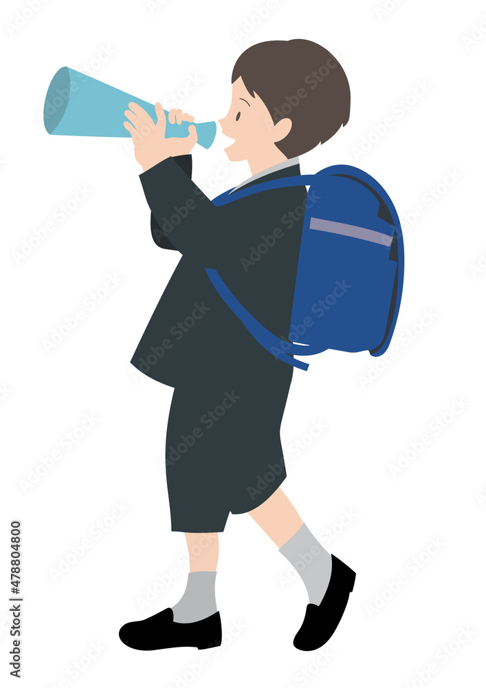 Fototapeta premium イラスト素材：ランドセルを背負って笑顔でメガホンを持っている男の子