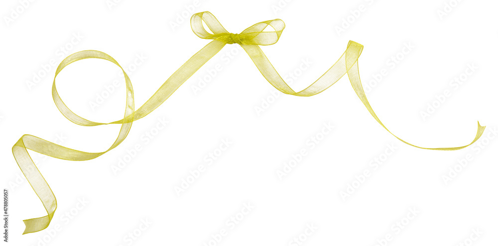 Yellow ribbon curl from mesh material isolated on white background. Yellow ribbon bow and curl isolated on white background Yellow ribbon curl from mesh material isolated on white background. Yellow ribbon bow and curl isolated on white background