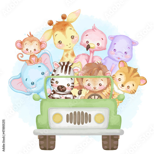 Cute African baby animals in a green car. Watercolor, vector illustration. 