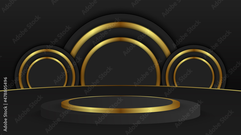 Podium in a black and gold room, 3d illustration.