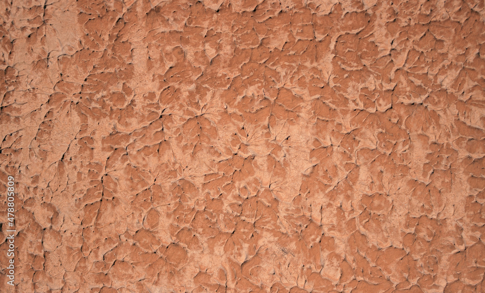 Rough background. Detail of a plastered wall. Trend color 2022 Calming Coral.