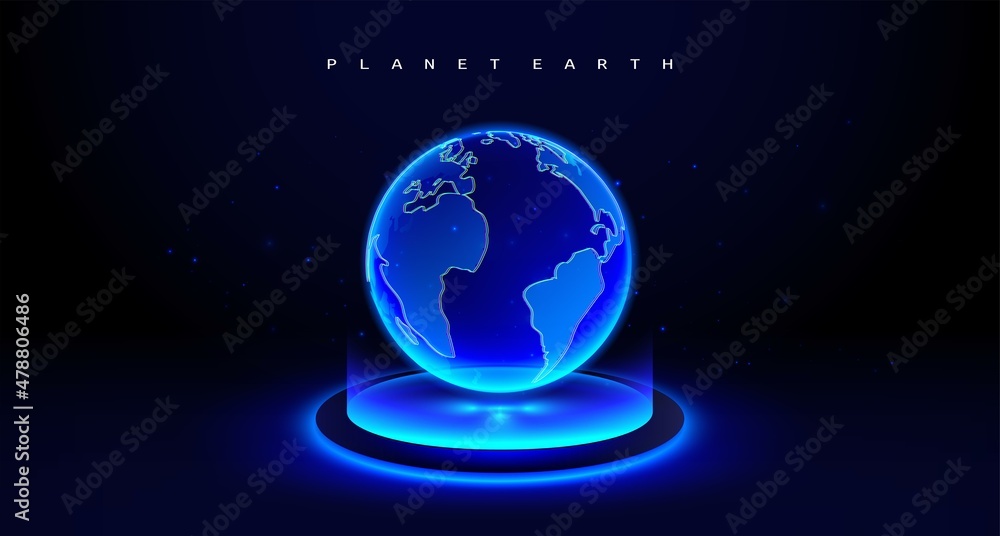 Fototapeta premium Blue digital Earth globe hologram on futuristic stand. Science and technology abstract background. Vector illustration.