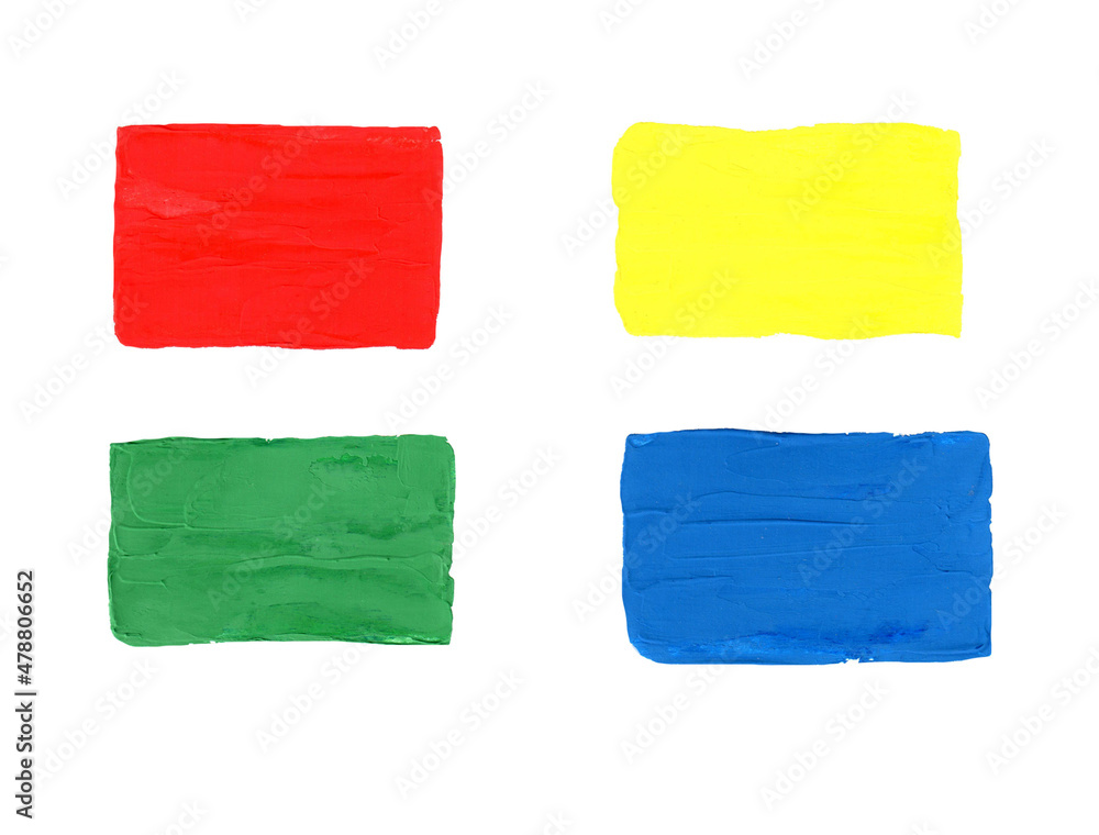 Set of yellow, blue, green and red watercolor smears on white background
