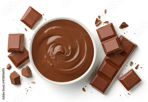 Bowl of melted milk chocolate and pieces of chocolate bar isolated on white background