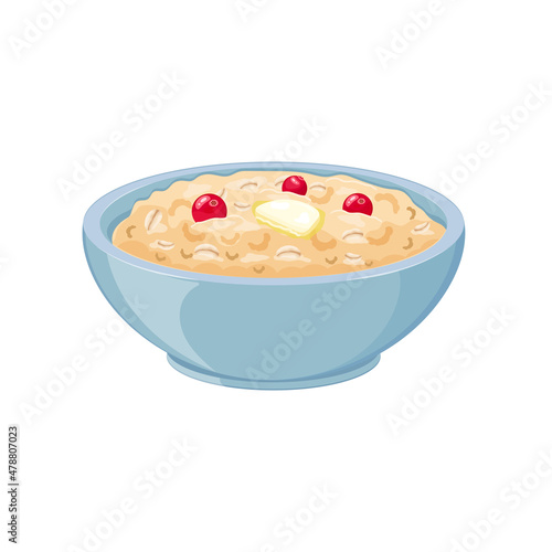 Oatmeal with cranberries in a blue plate. Vector illustration of healthy breakfast.