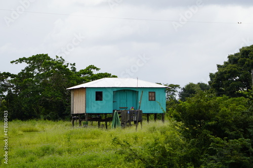 Wooden houses built on high stilts called in Portuguese palafitas. Location: between Mamori Lake and Manaus, Amazonas - Brazil. © guentermanaus
