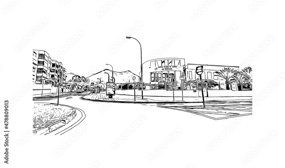 Building view with landmark of Los Cristianos is the 
town in Spain. Hand drawn sketch illustration in vector.