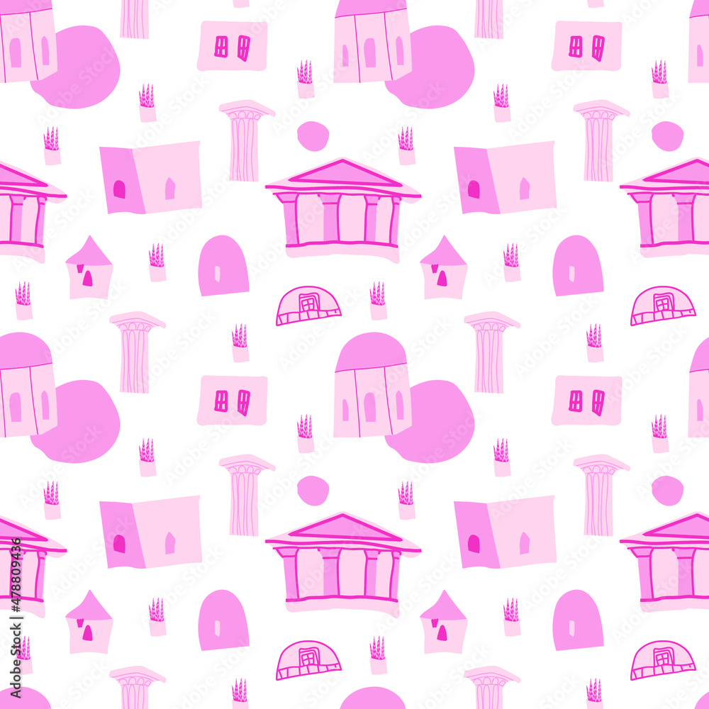 Seamless Vector pattern with ancient architecture for valentine's day.In love,festive,pink,repeating hand painted print. Designs for textile, fabric, wrapping paper, packaging, scrapbook paper Seamless Vector pattern with ancient architecture for valentine's day.In love,festive,pink,repeating hand painted print. Designs for textile, fabric, wrapping paper, packaging, scrapbook paper