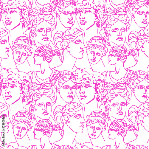 Seamless Vector pattern with ancient Greek gods for valentine's day.In love,festive,pink,repeating hand painted print. Designs for textile, fabric, wrapping paper, packaging, scrapbook paper