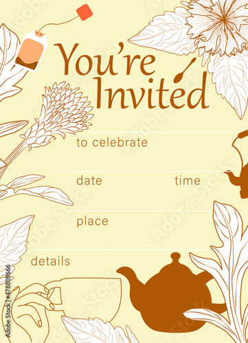 Tea party invitation template. Cornflowers, hand with a mug, teapot, tea bag