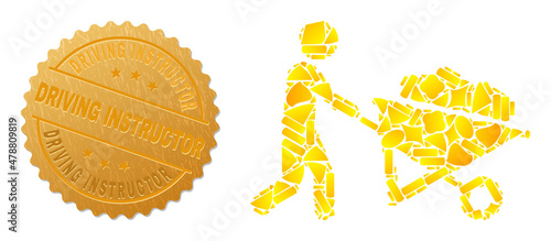 Golden composition of yellow parts for wheelbarrow gardener icon, and gold metallic Driving Instructor seal. Wheelbarrow gardener icon collage is constructed with random gold parts.