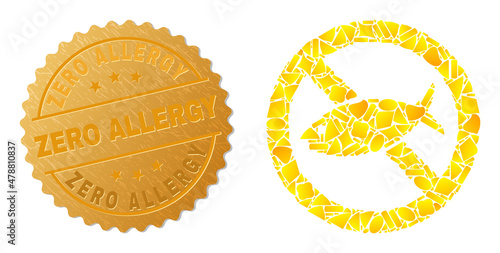 Golden combination of yellow items for forbidden fish icon, and golden metallic Zero Allergy seal print. Forbidden fish icon mosaic is composed of scattered golden.