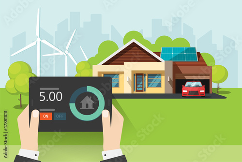 Smart home automation energy control system on tablet device screen on person man hands vector concept or remote house building security modern technology with solar and wind energy innovation tech
