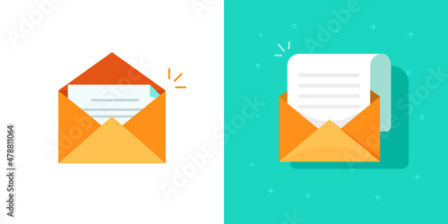 Email open icon with new mail letter received vector or paper envelope message inbox with correspondence text document flat cartoon illustration