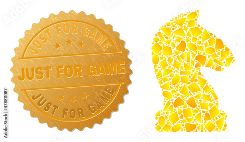 Golden combination of yellow parts for chess knight icon, and golden metallic Just for Game seal. Chess knight icon collage is organized of randomized gold parts.
