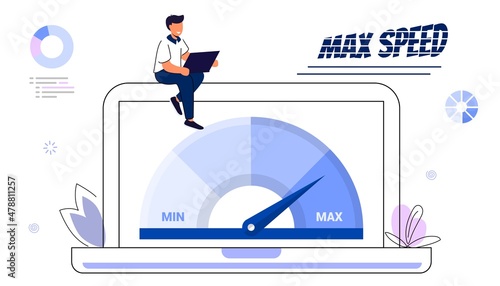 Website loading optimization Page speed and SEO Flat vector concept illustration Website speed Loading time Page optimization Speed test metering dial Slow loading of media content Signal quality