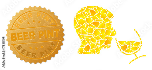 Golden mosaic of yellow parts for wine sommelier icon, and golden metallic Beer Pint seal. Wine sommelier icon mosaic is made from random golden parts.