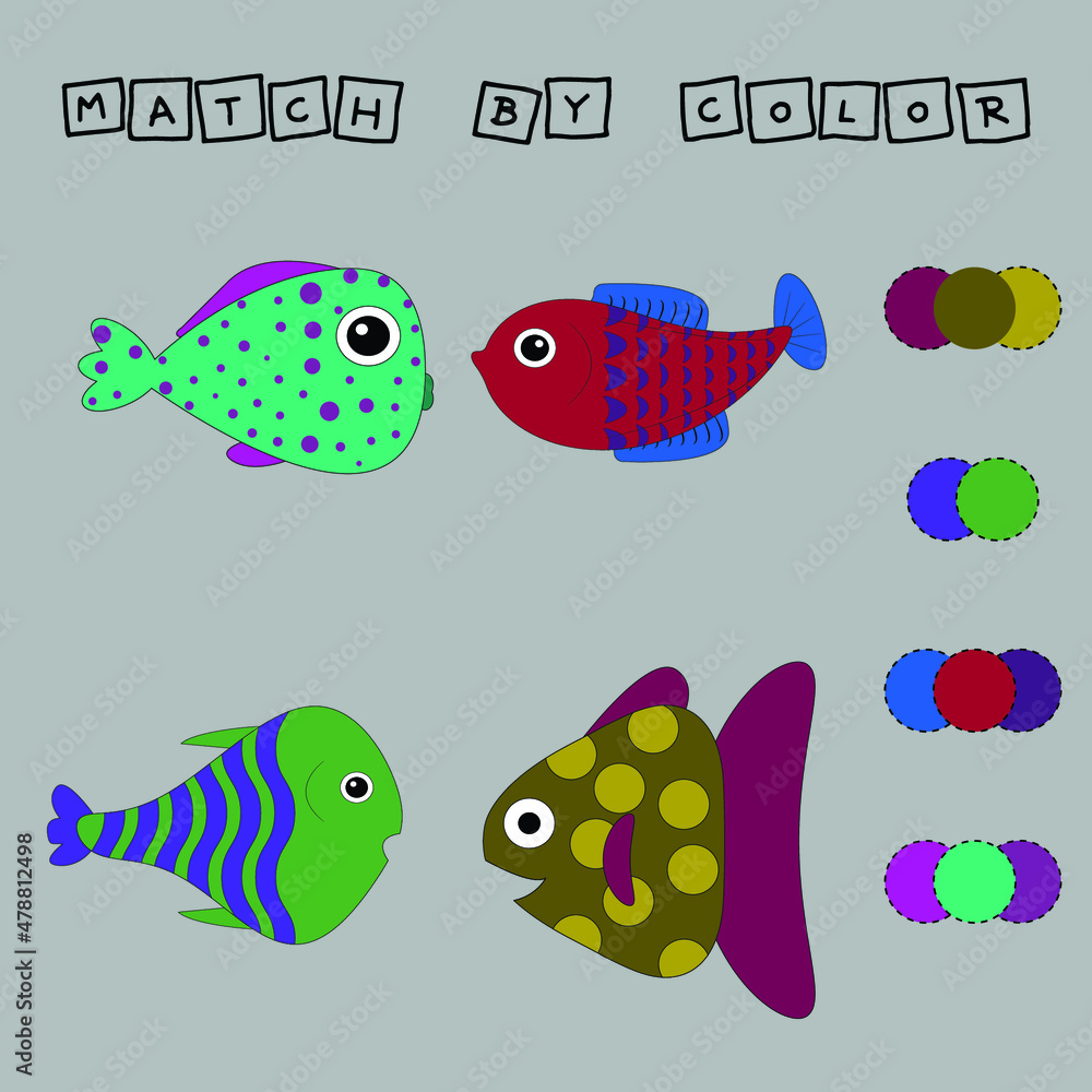 worksheet vector design, challenge to connect the   fishes with its color. Logic game for children.