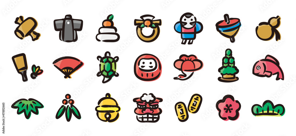 Japanese new year icon set for graphic (Hand-drawn line, colored version)