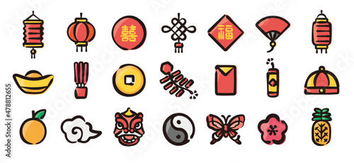 Chinese new year icon set for graphic (Hand-drawn line, colored version)