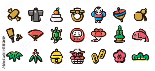 Japanese new year icon set for graphic (Hand-drawn line, colored version)