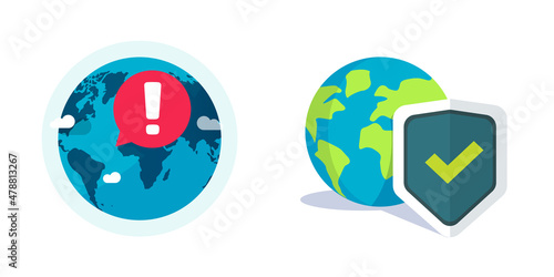 Earth globe shield protection as world planet safe vector icon or global conflict hazard attack and environment danger caution or warning help alert flat cartoon illustration, concept of anti-virus