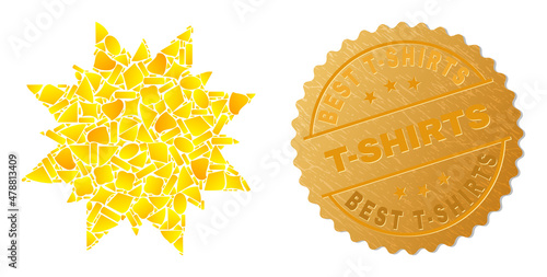 Golden collage of yellow particles for multi pointed star icon, and golden metallic Best T-Shirts stamp. Multi pointed star icon collage is made with random golden elements.