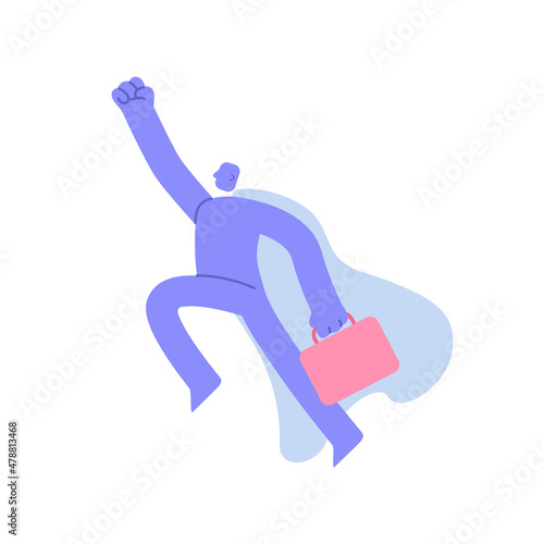 Flat modern character in a superman pose with bag strives for success. Business Concept illustration with man taking part in business activities. Vector illustration
