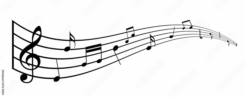 Music notes banner isolated on white background. Musical notes waves, sound backdrop. Vector stock Music notes banner isolated on white background. Musical notes waves, sound backdrop. Vector stock