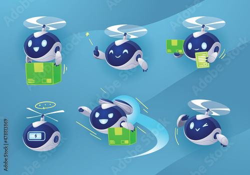delivery drone robot character mascot set	