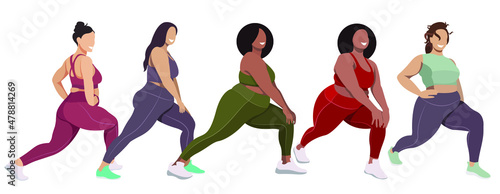 vector illustration on the topic of body positive and physical activity. a group of healthy girls of natural beauty in leggings and sports bras are engaged in fitness. each figure is isolated.