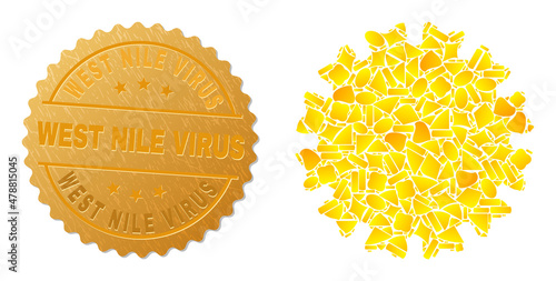 Golden mosaic of yellow fractions for virus icon, and golden metallic West Nile Virus watermark. Virus icon mosaic is created of scattered golden parts.