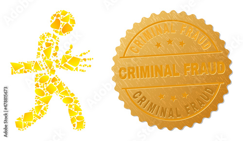 Golden collage of yellow elements for maneken hand robber icon, and golden metallic Criminal Fraud seal. Maneken hand robber icon collage is designed from scattered golden elements. photo